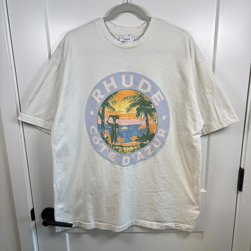 RHUDE Cote D’Azur Men's Graphic Logo Crew Neck Cotton T-Shirt White Size XL